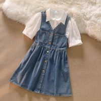 CUI YI SHOP denim suspender suit 2023 new summer medium and large childrens loose tops trendy shirts two-piece set