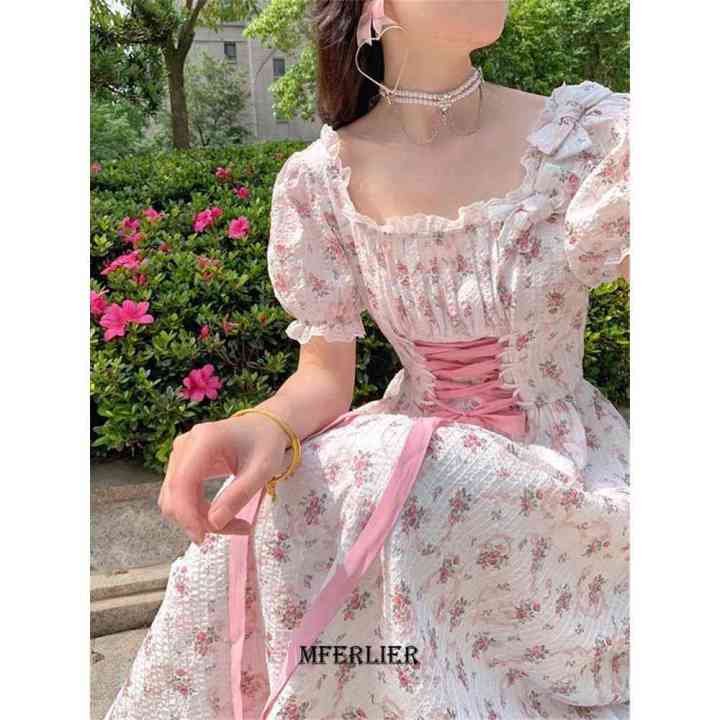 large-size-6xl-150kg-women-floral-dress-summer-elegant-vintage-kawaii-puff-sleeve-lolita-dress-square-collar-bandage-sundress