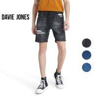 DAVIE JONES กางเกงขาสั้น ผู้ชาย เอวยางยืด สีฟ้า สีกรม สีดำ คาดหนัง Elasticated Shorts SH0037LN 0037NV 0038BK