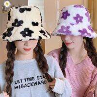 Topi Bucket ผ้ากำมะหยี่ลายดอกไม้สำหรับผู้หญิงหมวกชาวประมงแฟชั่นหมวกให้ความอุ่นผ้าหนานุ่มสำหรับหน้าหนาว