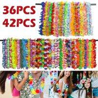 36/42 Pcs Hawaiian Leis Necklace Polyester Tropical Flower Necklace Tropical Luau Rainbow Garlands Party Artificial Decorations