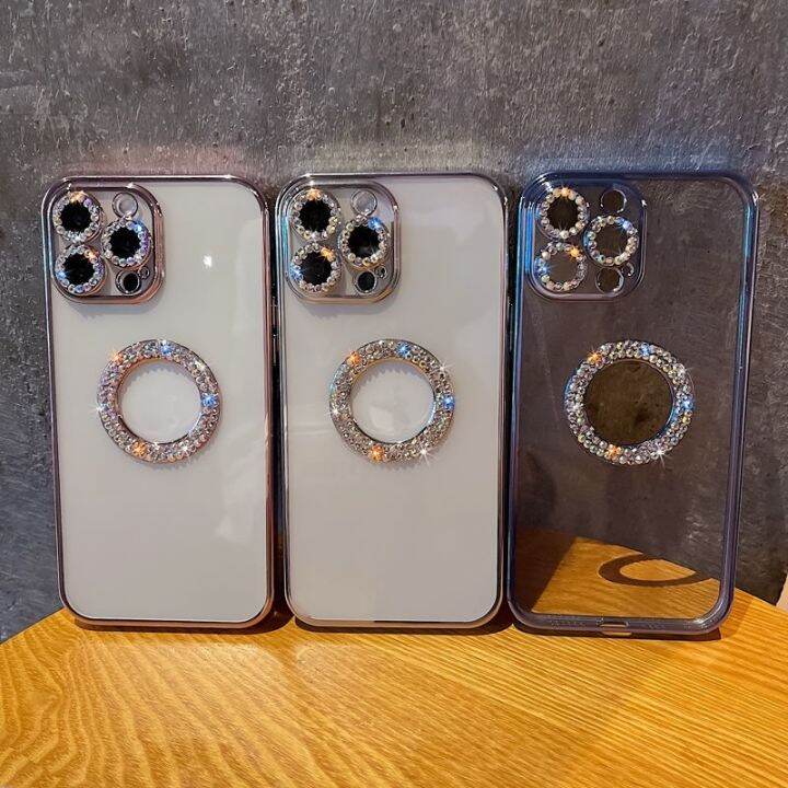 เคสโทรศัพท์โปร่งใสแวววาวหรูหราพลอยเทียมใหม่สำหรับ-iphone-11-12-13-pro-max-x-xr-xs-กันกระแทกเลนส์กล้องถ่ายรูปทองเคสโทรศัพท์ด้านหลัง