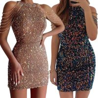 ZZOOI Women Glitter Sequins Sexy Crystal Tassels Halter Neck Bodycon Short Pencil Dress Cocktail Evening Party Sparkly Dresses