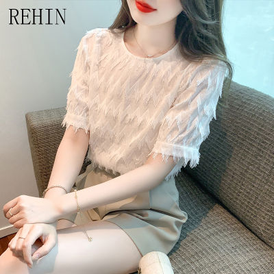 REHIN เสื้อสไตล์เกาหลีแบบใหม่ผู้หญิง,เสื้อเสื้อผู้หญิงแขนสั้นผ้าชีฟองแขนพองเก๋ไก๋คอกลมฝอยสง่างามฤดูร้อน