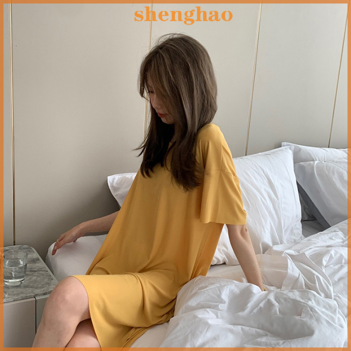 shenghao-ชุดเดรสราตรีคอกลมน่ารักแขนสั้นบางใส่สบายกระโปรงใส่อยู่บ้านสำหรับเด็กผู้หญิงใส่อยู่บ้าน