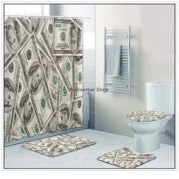 Fashion US Dollar Bill Banknotes Bathroom Shower Curtain Set for Bathroom Money Currency Notes Bath Mat Rug Toilet Carpet Decor