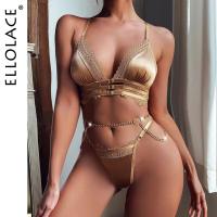 2023 Korean Khaki Sexy Lingerie Lace Patchwork Underwear With Chain Garters 3-Piece Eroric Bilizna Set Short Skin Care Kits