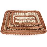 4 Pack Imitation Rattan Rectangle Woven Bread Basket, Poly-Wicker Food Fruit Serving Display Basket for Home