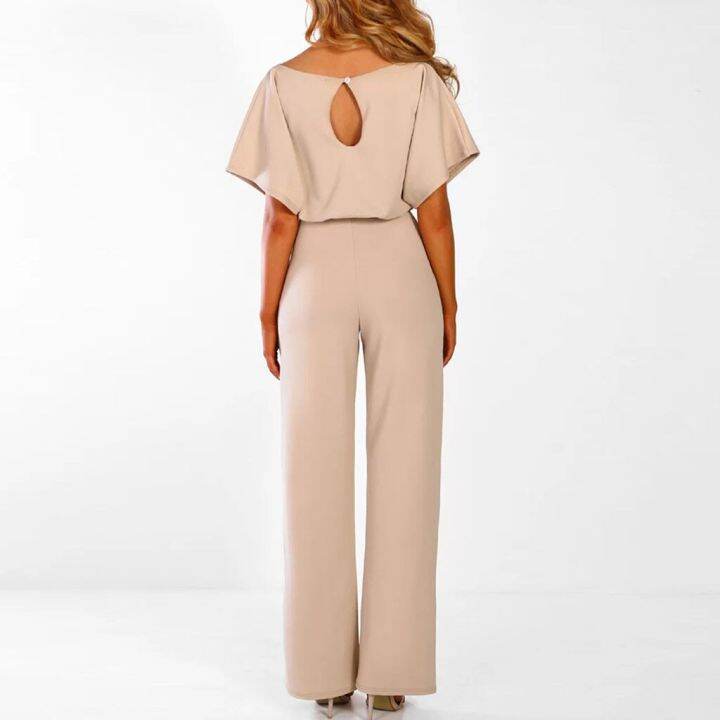 elegant-summer-jumpsuit-ผู้หญิงคอกลมขากว้าง-rompers-สีทึบลูกไม้ขึ้นปาร์ตี้-overalls-หญิงหลวม-ol-ทํางาน-playsuits