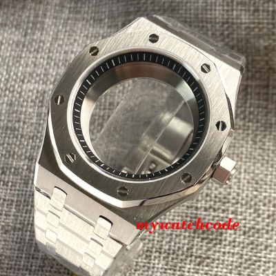 42Mm Stainless Steel Octagon Brushed Watch Case Bracelet Glass Back With Chapter Ring Sapphire Glass Fit NH35 NH36 NH34 Movement