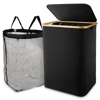 R Laundry Basket With Lid, Black Laundry Basket With Removable Laundry Bag - Laundry Sorter For Bathroom &amp; Bedroom