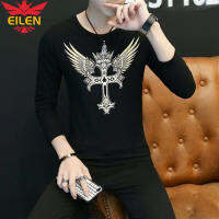 EILEN เสื้อยืดแขนยาวสำหรับผู้ชาย,ใหม่เสื้อยืดเทรนด์ชายเสื้อเกาหลีผ้าพิมพ์ลายไขว้สีทึบ