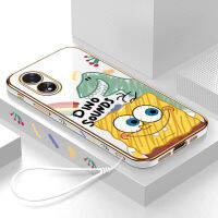 เคสใส่โทรศัพท์สำหรับฟรีสายคล้อง A38 OPPO A18 + การ์ตูนไดโนเสาร์ลายขอบสี่เหลี่ยมสพันชบ็อบสแควร์แพนท์ชุบเคลือบเคสโทรศัพท์หรูหราชุบเคสโทรศัพท์นิ่ม