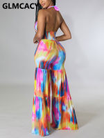 (ร้อน) ผู้หญิง Halter Backless Tie Dye พิมพ์ Jumpsuit ฤดูร้อน V คอหลวม Overalls