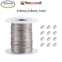 Beebeecraft 1 Roll 0.6mm/0.8mm/1mm Heavy Duty Picture Hanging Wire 304 Stainless Steel Photo Frame Hanging Wire with 30 pcs Aluminum Crimping Loop Sleeve for Mirrors Frames, Load Capacity 35LB 100m/roll