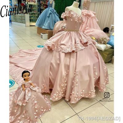 ♘ AEOZAD Vestido de princesa rosa Quinceanera baile 3D Fora do ombro doce 15 16 vestido Vestidos festa aniversário