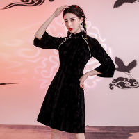 FONELY FAIRY Elegant Cheongsam Velvet Slim Long Sleeve Solid Color Pearl Vintage Stand Collar Chinese Style Dress Female