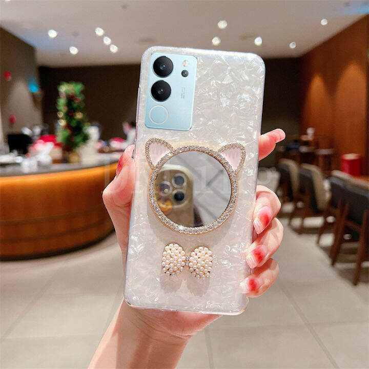 2023เคสใส่โทรศัพท์ใหม่สำหรับ-vivo-v29-5g-กากเพชรส่องแสงเป็นประกายวิบวับกระจกแต่งหน้าหูแมวน่ารักสีขาวน่ารักสีชมพูอ่อนเคส-vivo-v29โปร่งใสเคสกันกระแทกพิมพ์ลาย-vivov29-5g