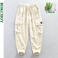 2023 Summer New Cotton Linen Cargo Casual Trousers For Men Thin Big Pockets Streetwear Men Pants Big Size AZ624