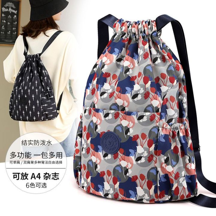 ผ้าไนลอน-oxford-กระเป๋าสะพายคู่เกาหลีรุ่นกลางแจ้งน้ำหนักเบา-drawstring-พิมพ์กระเป๋าเป้สะพายหลังความจุขนาดใหญ่สำหรับผู้หญิงเดินทาง