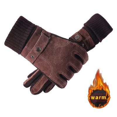 Pigskin Gloves Mens Winter Riding Touch Screen Warm Windproof Plush Thickened Cotton Gloves Outdoor Cycling Motorcycle Gloves