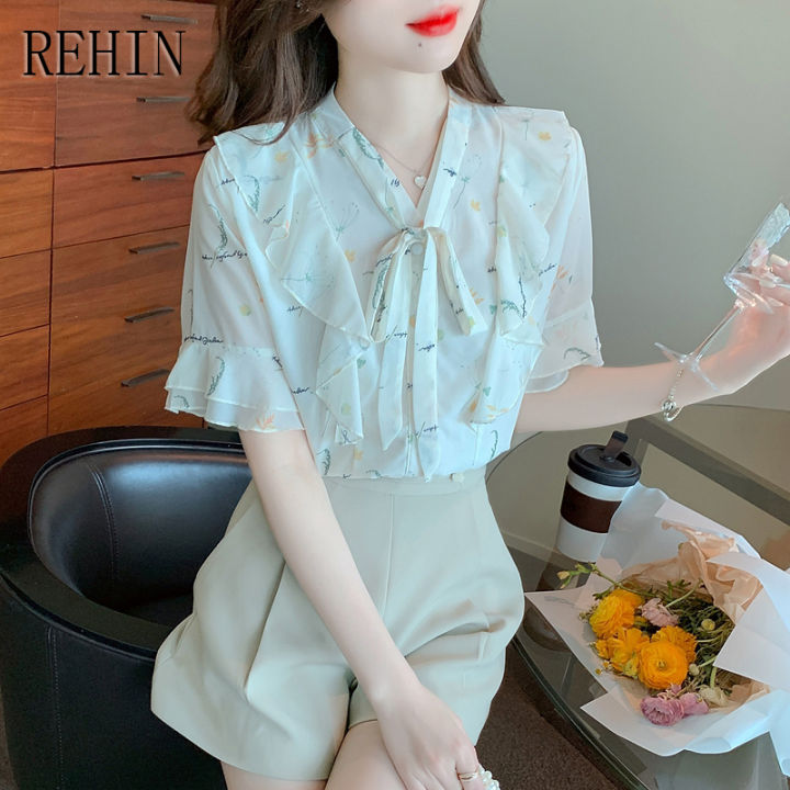 rehin-เสื้อสตรีแขนสั้นผ้าชีฟองมีโบว์ลายดอกไม้ปลอกแขนแบบมีระบายนางฟ้าแสนสวยสง่างามแฟชั่นสไตล์เกาหลีแบบใหม่ฤดูร้อน