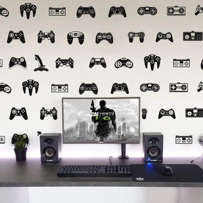 ELEGANT 39Pcs วิดีโอเกม Constroller Joysticker สติ๊กเกอร์ติดผนัง Playroom Kids Room Gaming Zone Gamer Xbox Ps Wall Decal ห้องนอนตกแต่งไวนิล