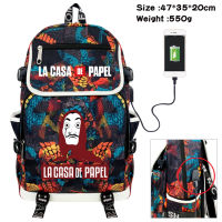 La Casa De กระดาษการ์ตูนกันน้ำผ้าใบนักเรียนกระเป๋าเป้สะพายหลัง USB ชาร์จพอร์ตความจุขนาดใหญ่เด็กสีกระเป๋านักเรียน