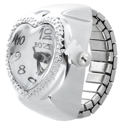 Silver Tone Quartz Heart Pocket Finger Ring Watch