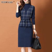 Vestido De Malha Xadrez วินเทจ Feminino Suéter Manga Comprida Vestidos Casuelegante Coreano 2 Peças Fersas Outono