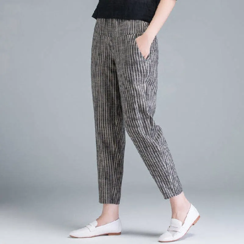 ○☢❈ Size M-3XL Long Harem Pants for Women Stripe Cotton and