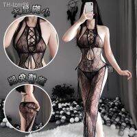 แฟนสาว ชุดนอน Perspective Hollow Lace Strap Halter Neck Long Dress Split Cheongsam Nightdress Set