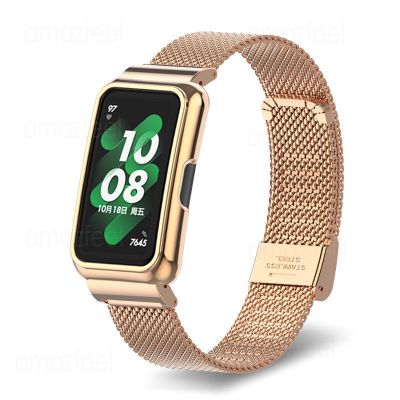 ✳⊕▣ Smart Watch Strap For Huawei Band 7/6/6 Pro Stainless Steel Metal Bracelets Cover For Honor Band 7 6 Strap Protective Case Shell