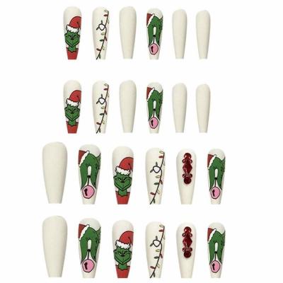 Fake Nails Green Grinches Design Nails Christmas Press On Nails for Manicure Artificial Nail Tips 24PCS Full Cover Nail innate