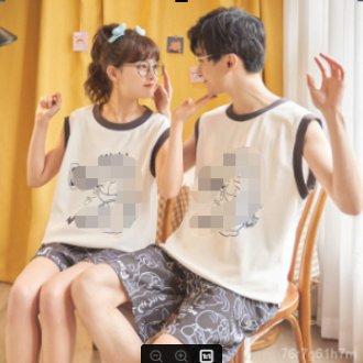 ชุดนอนคู่ผ้าฝ้ายแขนกุดผู้หญิงใหม่ฤดูร้อนปี-2022-พิมพ์การ์ตูนน่ารักชุดเสื้อกั๊กบริการที่บ้าน
