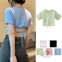 ☽✣ Nfw- เสื้อครอปท็อป คอกลม แขนสั้น ผ้าถัก เปิดหลัง สีพื้น สําหรับผู้หญิง ผู้ใหญ่