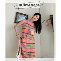 HUAYANG01 [2023 new HOT FASHION] lazlook เดรสลายทางสีรุ้งสำหรับผู้หญิงเดรสชายหาดแขนกุดลำลองฤดูร้อน