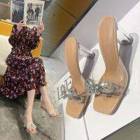 HOT★New 2023 Transparent Temperament High-heeled Slippers Women Rhinestone Bow Square Head Medium-heeled Stiletto