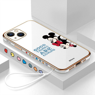 GGK เคสเคสสำหรับ Apple iPhone 15 Plus 15 Pro Max ฟรีสายคล้องน่ารักการ์ตูนมิกกี้ Minie Mouse เคสขอบสี่เหลี่ยมชุบเคสโทรศัพท์หรูหราชุบนุ่มเคสโทรศัพท์