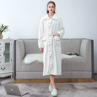 Super Warm Flannel Robe Kimono Women Autumn Winter Thicken Lengthen Bathrobe Female Bride Fashion Buttons Pocket Nightie Dresses