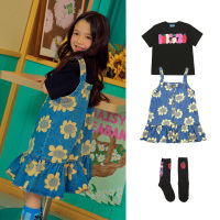 「สินค้าลิขสิทธิ์แท้」Iris kids 23 SS IKS050-IKD050 BeBe Black T-shirt-sunflower Denim skirt  เสื้อผ้าเกาหลีเด็ก เสื้อ กระโปรง ถุงเท้า