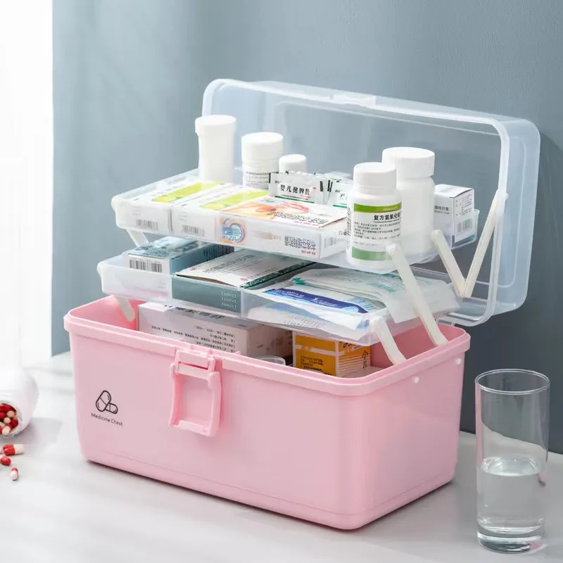 Multifunctional Medicine Cabinet Household Portable Portable Medicine  Double-layer Storage Box Pink