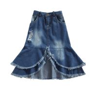 【CW】 Toddler Kids Skirt with Tassels Fashion Street Baby Waist Irregular Hem Ripped Denim Bottoms 2-7Y