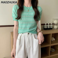 MAOZHUXIA เสื้อครอปลายทางผู้หญิง,เสื้อเสื้อยืดถักสไตล์เกาหลีเสื้อยืดถักแขนสั้นบาง