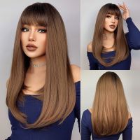 Bob Synthetic Wig with Bangs Ombre Black Dark Brown Long Straight Wigs for Black Women Girls Cosplay Party Daily Hair