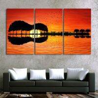 Guitar Tree Lake Sunset Canvas Wall Art-โปสเตอร์3แผงสำหรับตกแต่งบ้านห้องนั่งเล่นและห้องนอน-ภาพวาดความละเอียดสูงสำหรับบรรยากาศที่ผ่อนคลาย