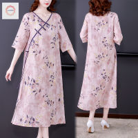 Wewae6323สไตล์จีน Cheongsam Qi Pao Chinoiserie 2021 L-5XL Retro ชุดป่านรามีฤดูร้อนใหม่สไตล์ขนาดใหญ่ดอกไม้กลางความยาวกระโปรง Cheongsam กระโปรงหญิง