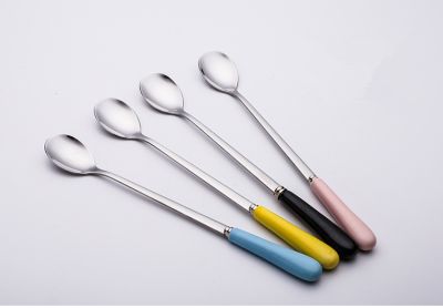 1PC Stainless Coffee Spoon Steel Long Ceramic Handle Iced Tea Spoon Cold Drink Fruit Juice Long Mixing Spoon PI 006 Serving Utensils