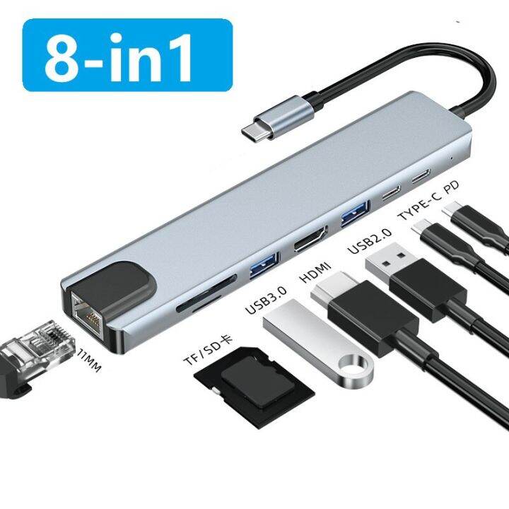 8-in-1-hub-usb-3-0-type-c-แท่นวางมือถือ-rj45-tf-sd-card-4k-ตัวแยกหัวแปลงสัญญาณ-hdmi-สำหรับ-macbook-windows-อุปกรณ์คอมพิวเตอร์-feona