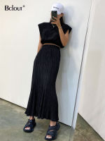 Bclout Elegant Pink Skirt Sets 2 Pieces Womens Outfits Spring O-Neck Sleeveless Crop Tops Black Elastic Waist Long Skirts Suits